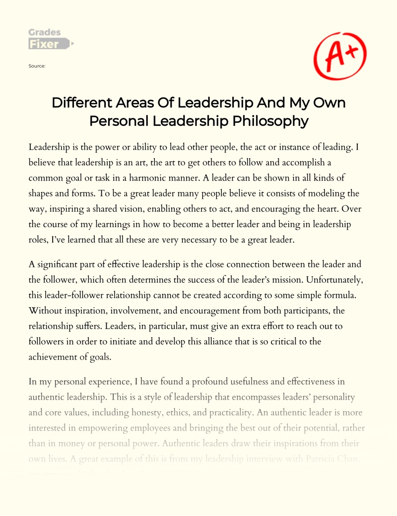 Different Areas of Leadership and My Own Personal Leadership Philosophy essay