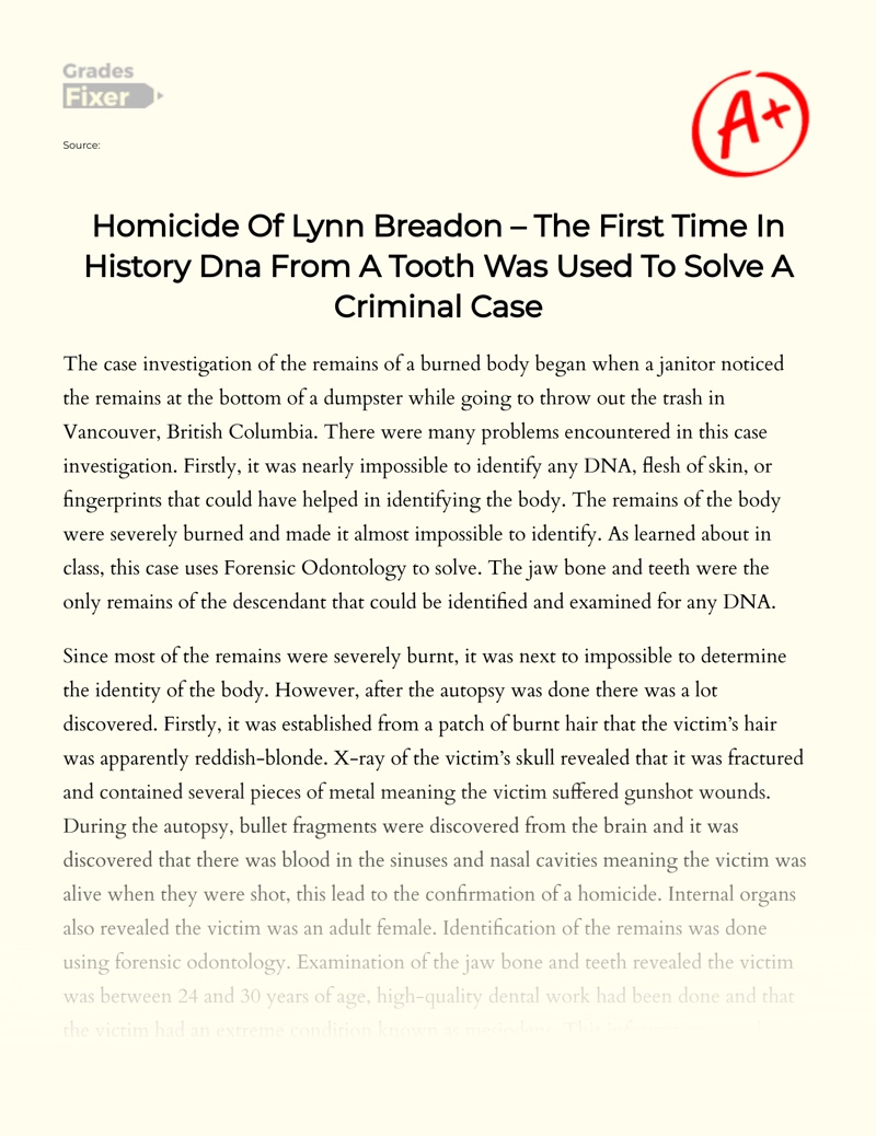 Homicide of Lynn Breadon – The First Time in History DNA from a Tooth Was Used to Solve a Criminal Case Essay
