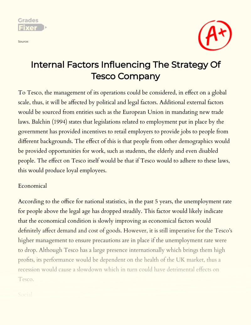 Internal Factors Influencing The Strategy of Tesco Company Essay