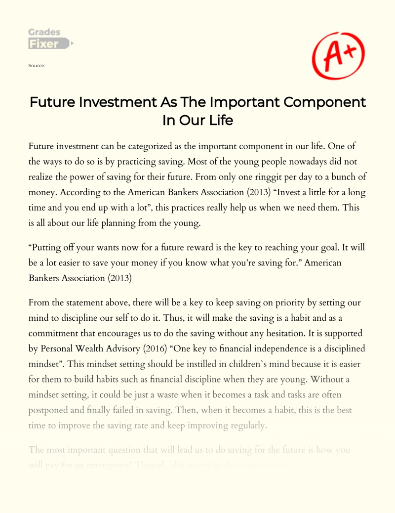 Future Investment as The Important Component in Our Life essay