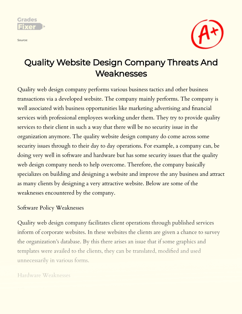 Quality Website Design Company Threats and Weaknesses Essay