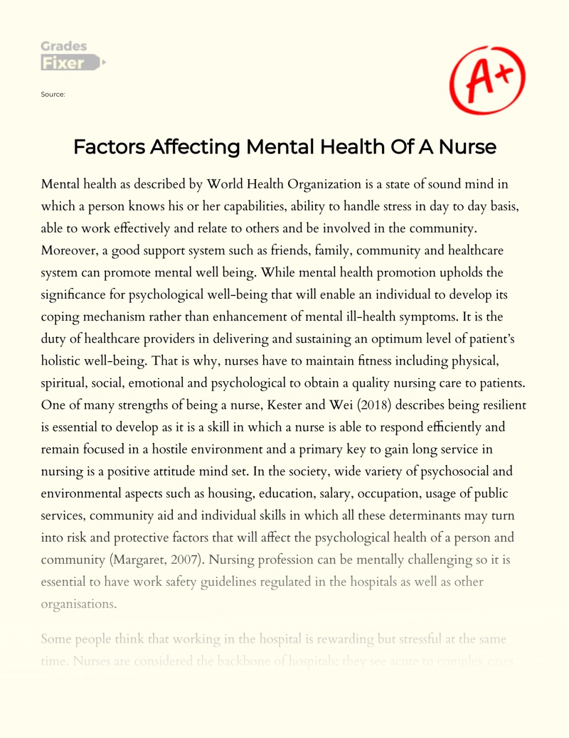 Factors Affecting Mental Health of a Nurse Essay