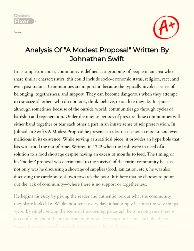 Analysis of "A Modest Proposal" Written by Jonathan Swift Essay