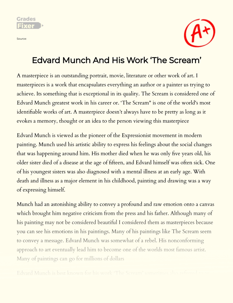 Edvard Munch and His Work ‘the Scream’ Essay