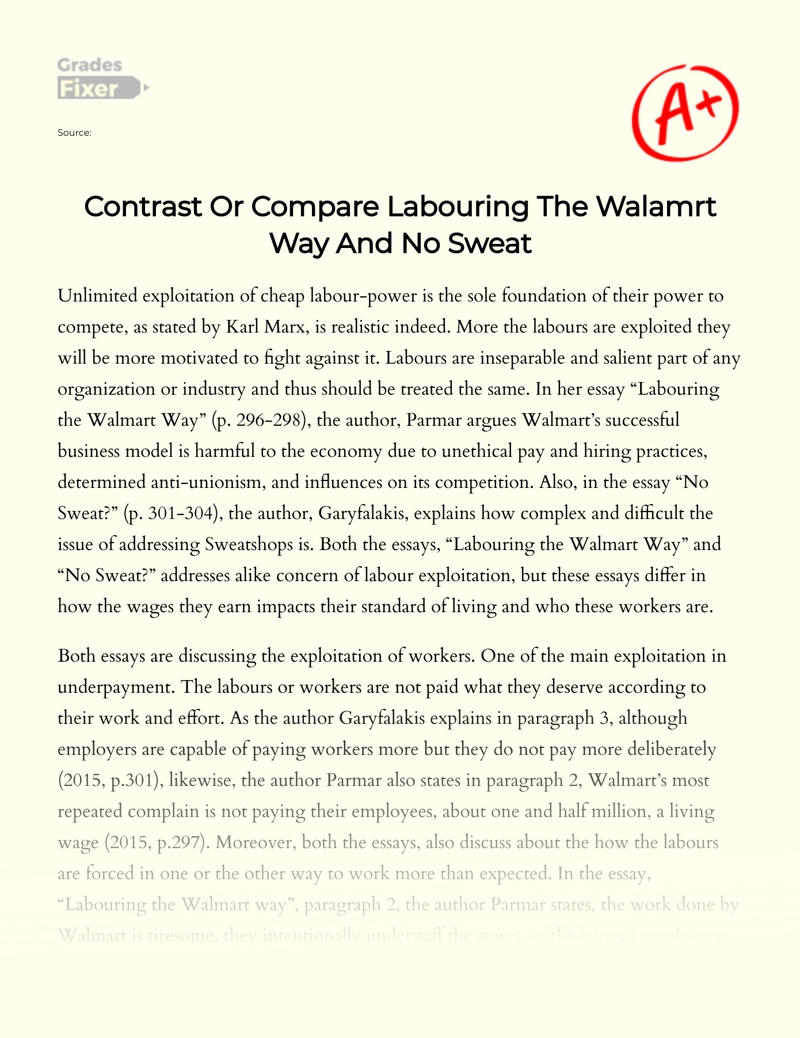 Contrast Or Compare Labouring The Walmart Way and No Sweat essay
