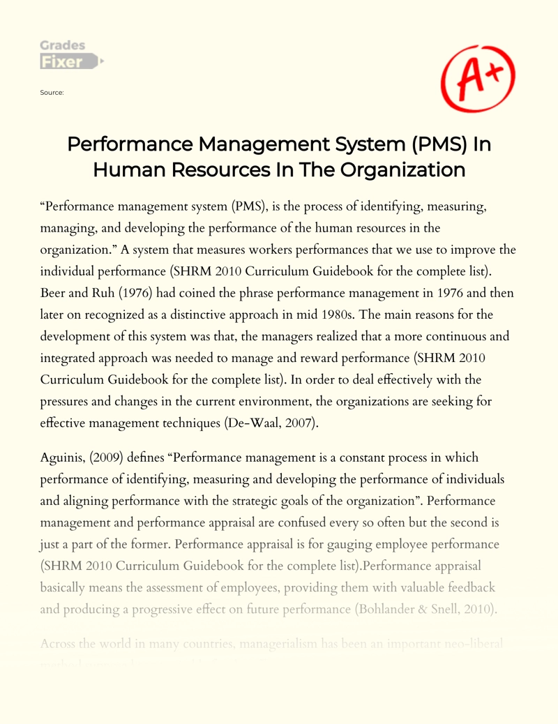 Performance Management System (pms) in Human Resources in The Organization essay