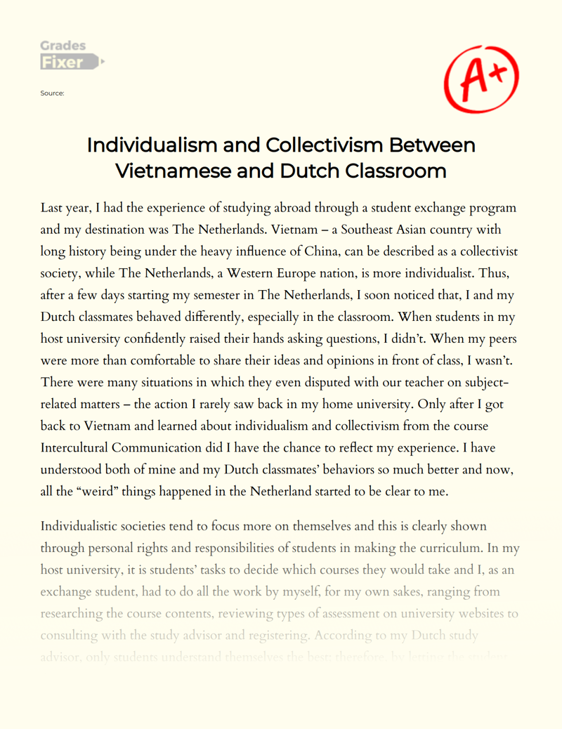Individualism and Collectivism Between Vietnamese and Dutch Classroom Essay