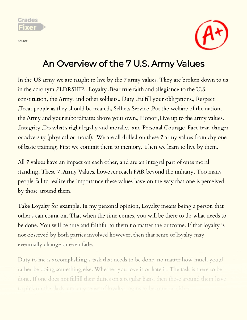 An Overview of The 7 United States Army Values Essay