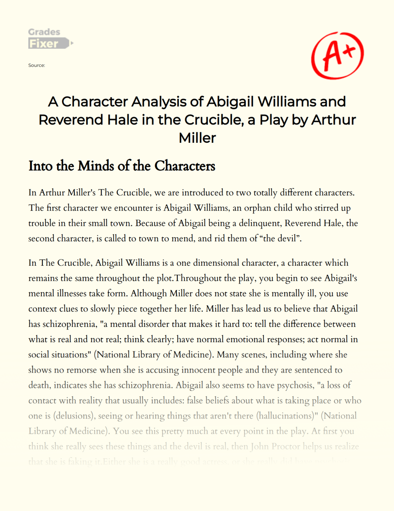 A Character Analysis of Abigail Williams and Reverend Hale in The Crucible, a Play by Arthur Miller Essay