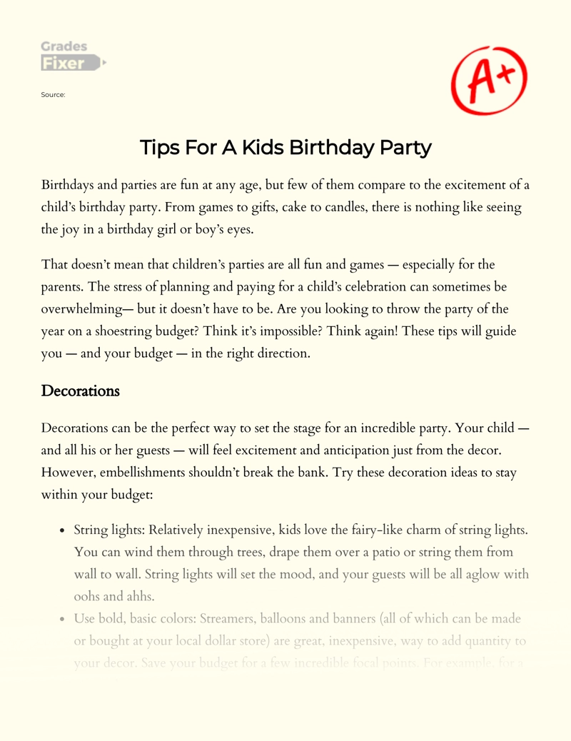 Tips for a Kids Birthday Party Essay