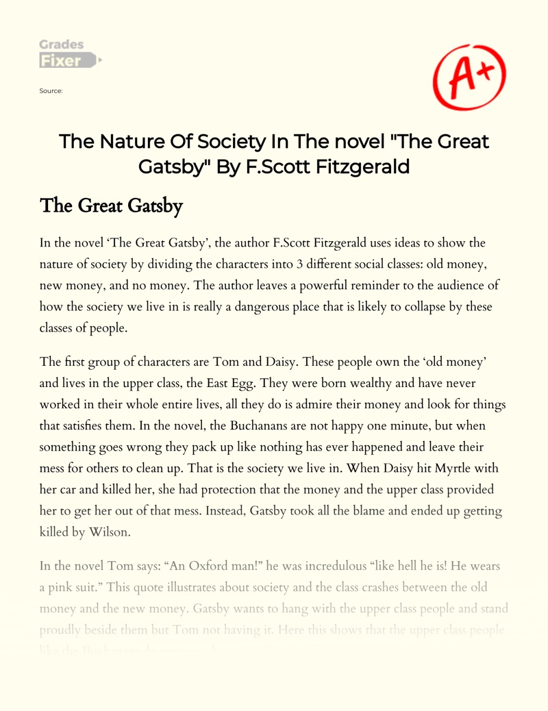 The Nature of Society in The Novel "The Great Gatsby" by F. Scott Fitzgerald Essay