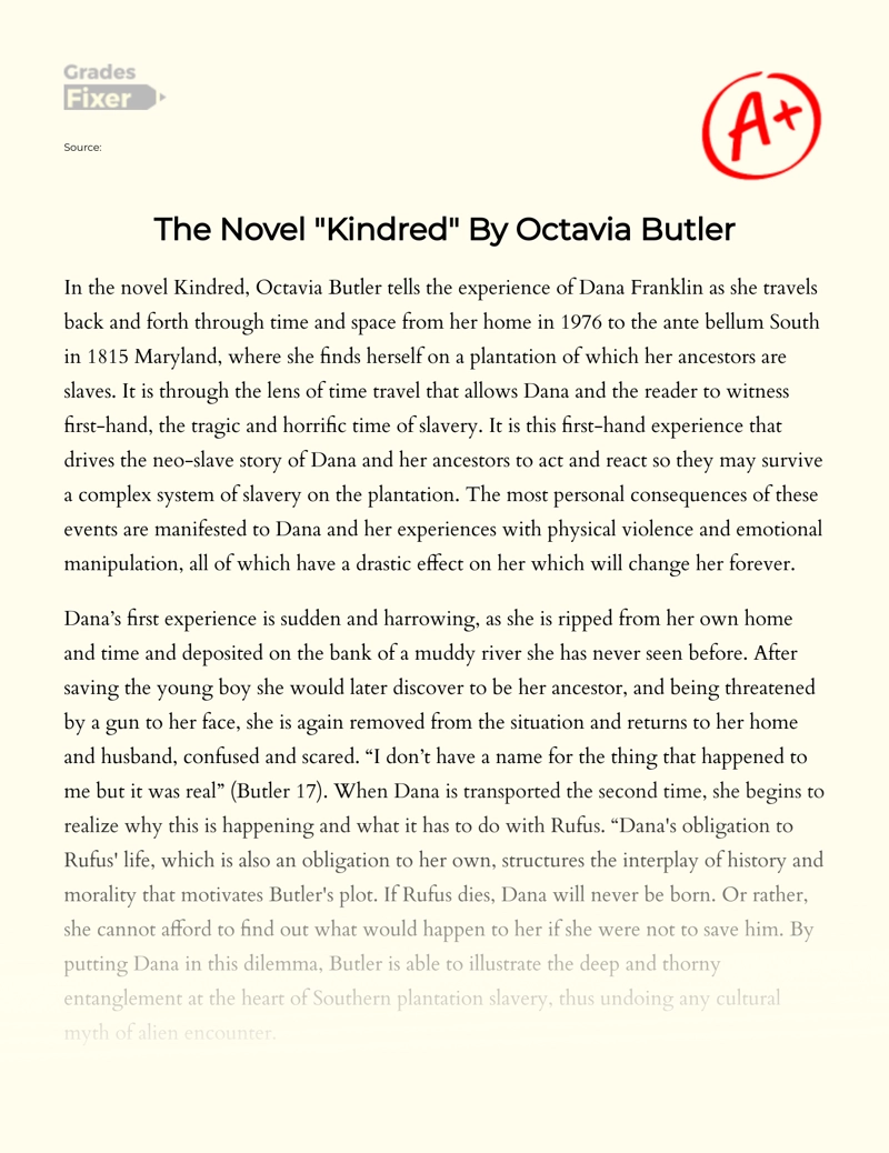 The Theme of Travel Back in Time in The Novel "Kindred" by Octavia Butler Essay