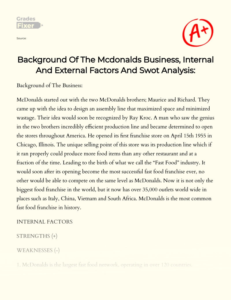 Background of The Mcdonalds Business, Internal and External Factors and Swot Analysis: essay