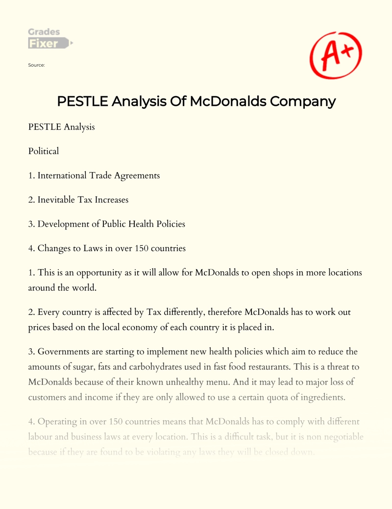 Pestle Analysis of Mcdonalds Company Essay