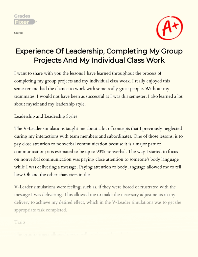 Experience of Leadership, Completing My Group Projects and My Individual Class Work Essay