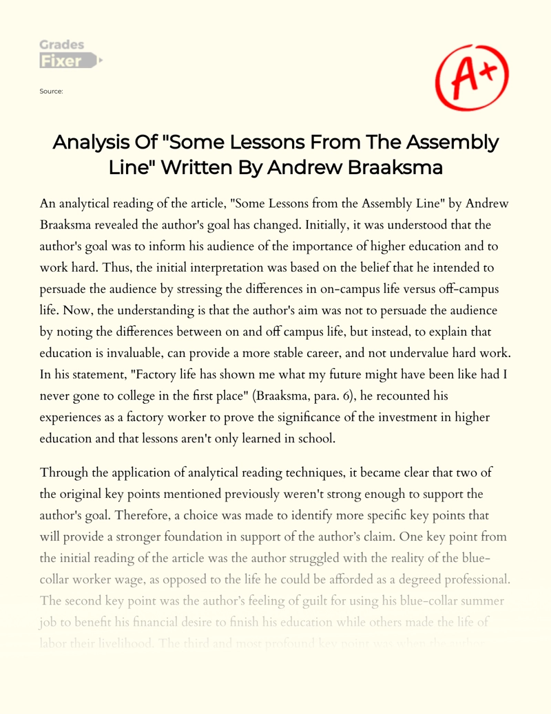 The Importance of Education: "Some Lessons from The Assembly Line" essay
