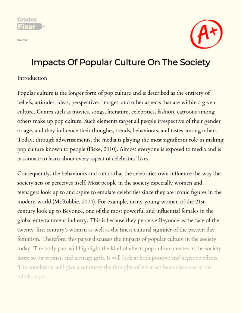 Impacts of Popular Culture on The Society essay