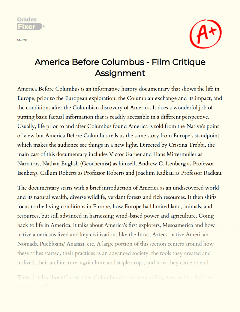 America before Columbus - Film Critique Assignment Essay