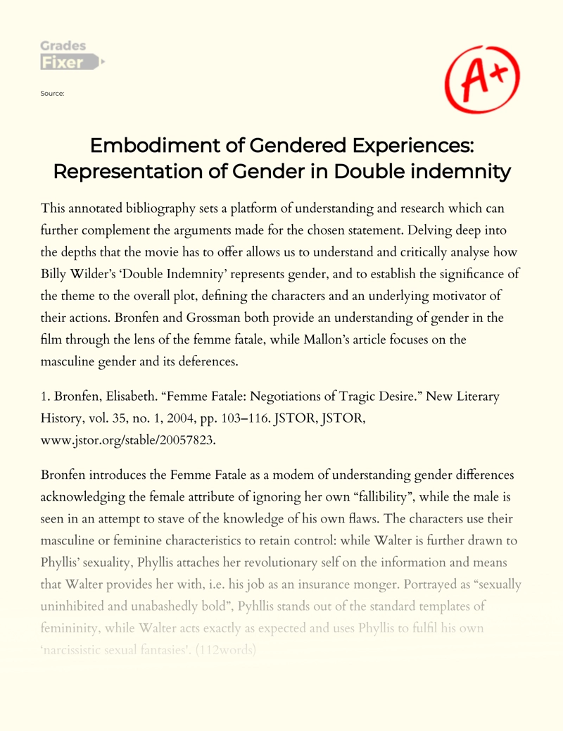 Embodiment of Gendered Experiences: Representation of Gender in Double Indemnity Essay