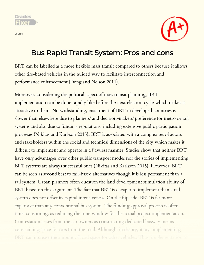 Bus Rapid Transit System: Pros and Cons Essay