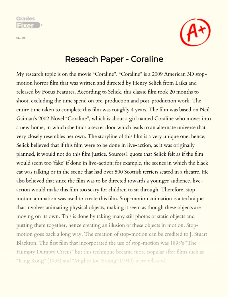 Reseach Paper - Coraline Essay