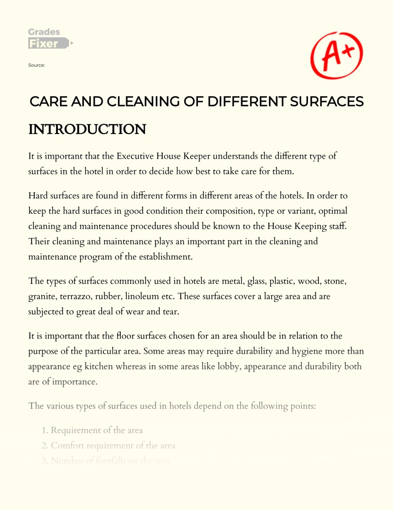 Care and Cleaning of Different Surfaces Essay