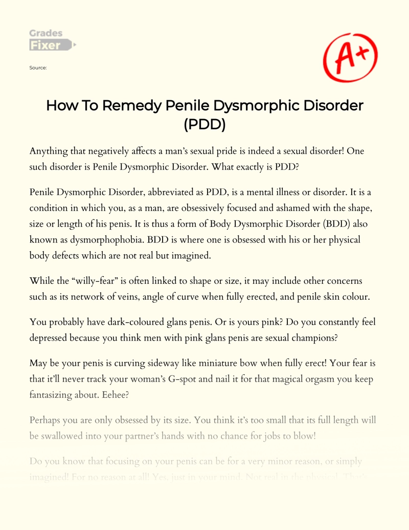 How to Remedy Penile Dysmorphic Disorder (pdd) Essay