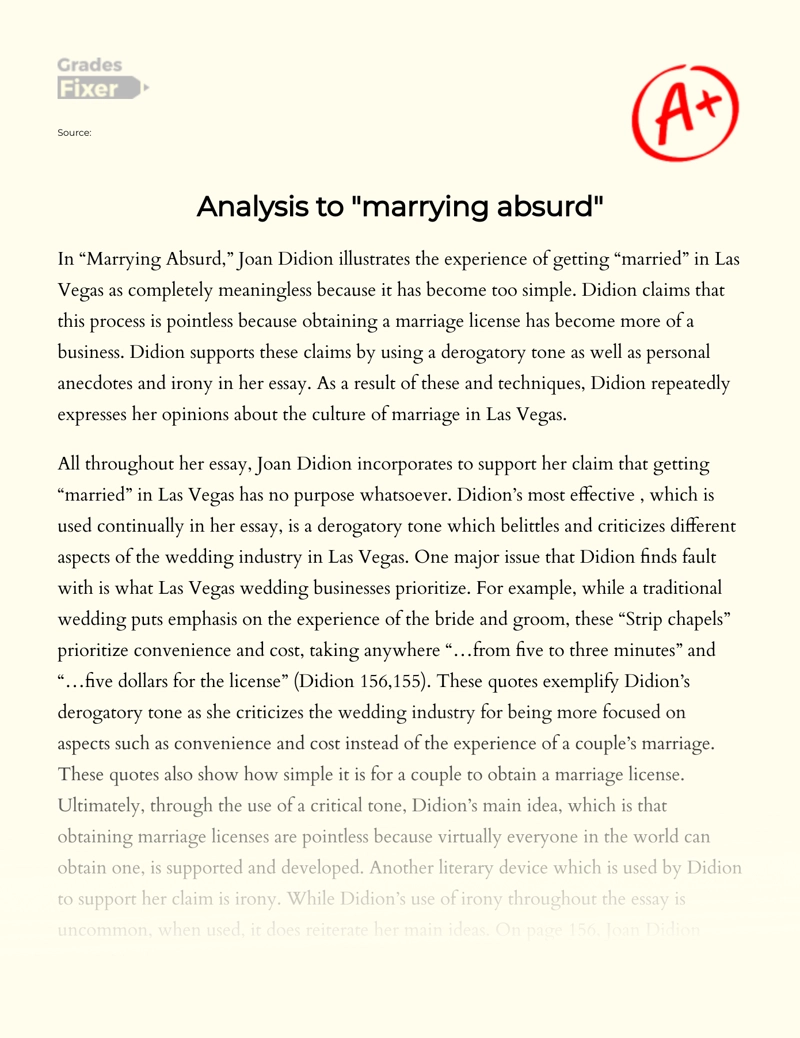 Joan Didion's Novel "Marrying Absurd": Summary and Analysis  essay