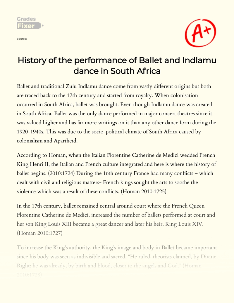 History of The Performance of Ballet and Indlamu Dance in South Africa essay
