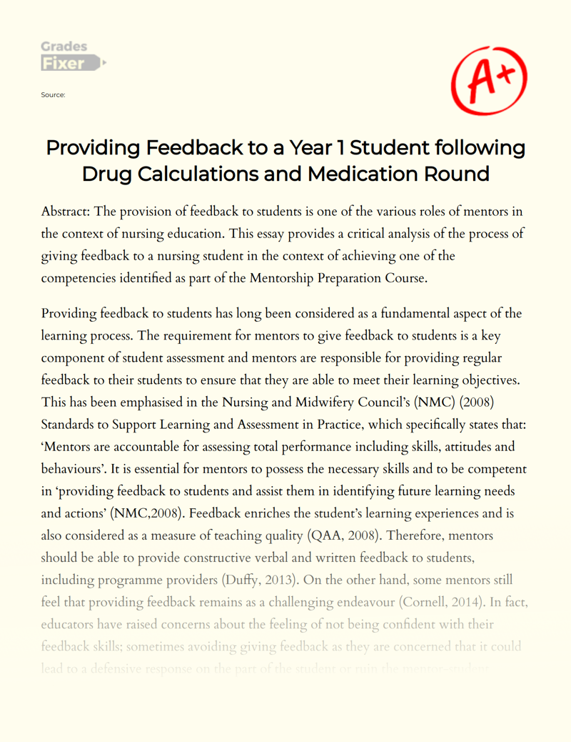 Providing Feedback to a Year 1 Student Following Drug Calculations and Medication Round  Essay