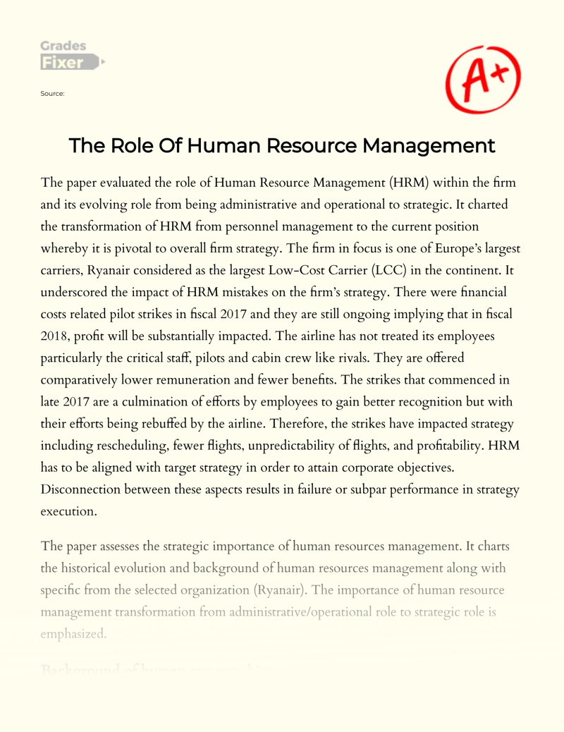 History, Importance and The Role of Human Resource Management Essay