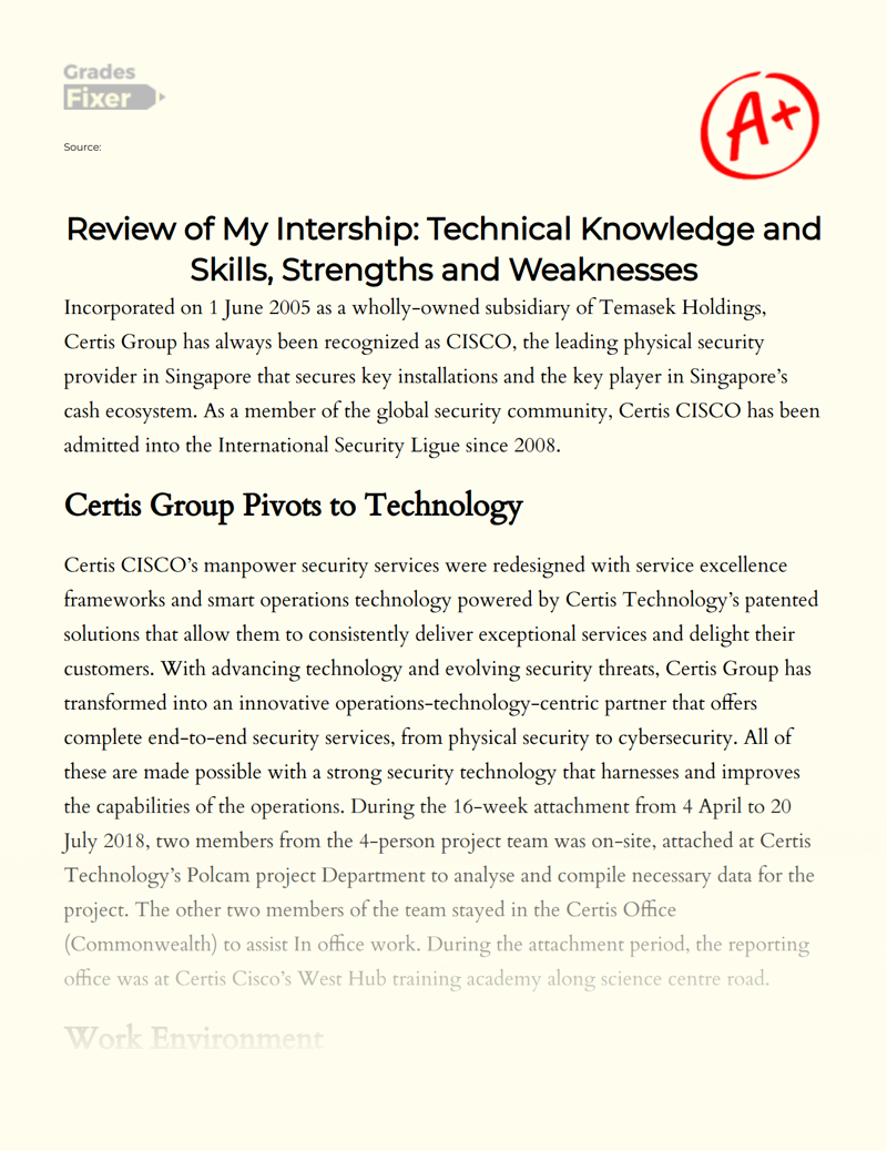 Review of My Intership: Technical Knowledge and Skills, Strengths and Weaknesses Essay