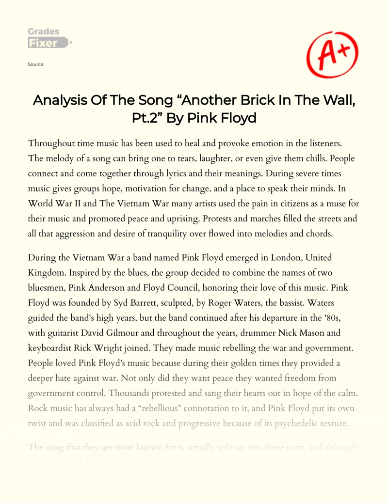 Analysis of The Song "Another Brick in The Wall, Pt.2" by Pink Floyd Essay