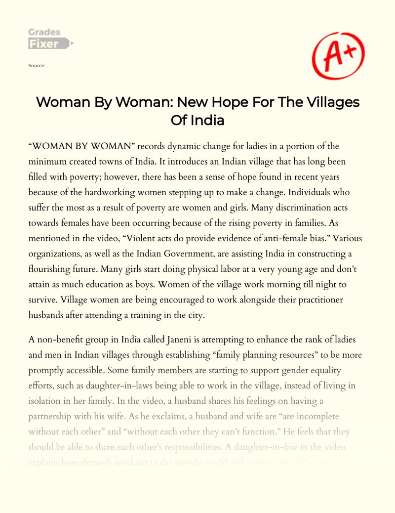 Woman by Woman: New Hope for The Villages of India Essay