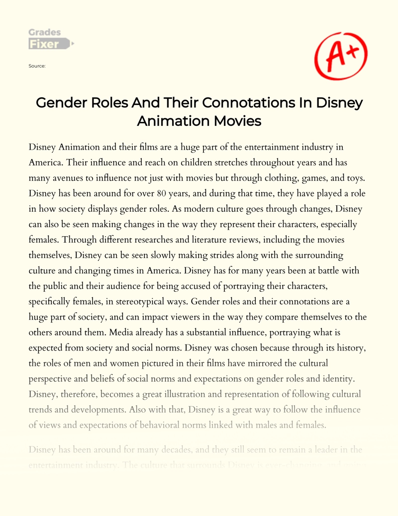 Gender Roles and Their Connotations in Disney Animation Movies Essay