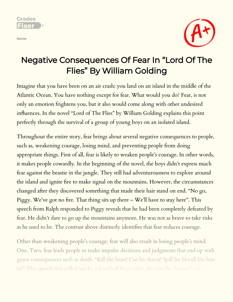 Negative Consequences of Fear in "Lord of The Flies" by William Golding Essay