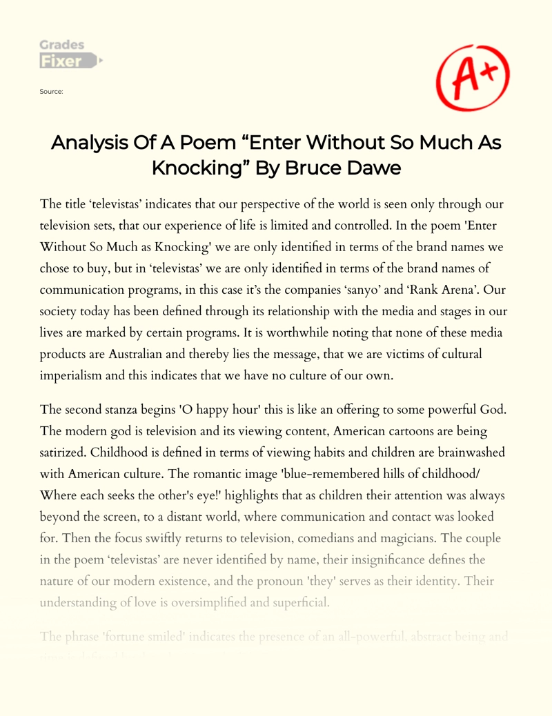Analysis of a Poem "Enter Without so Much as Knocking" by Bruce Dawe Essay