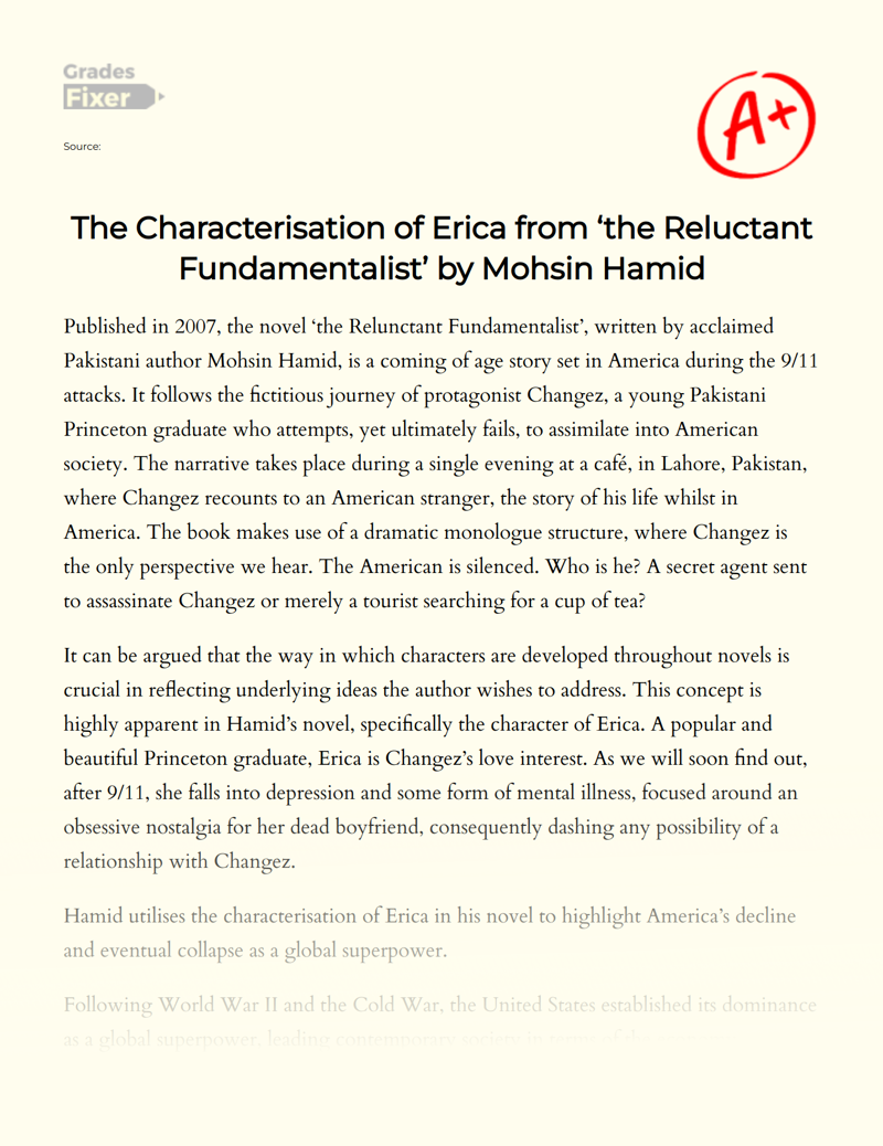 The Characterisation of Erica from ‘the Reluctant Fundamentalist’ by Mohsin Hamid Essay