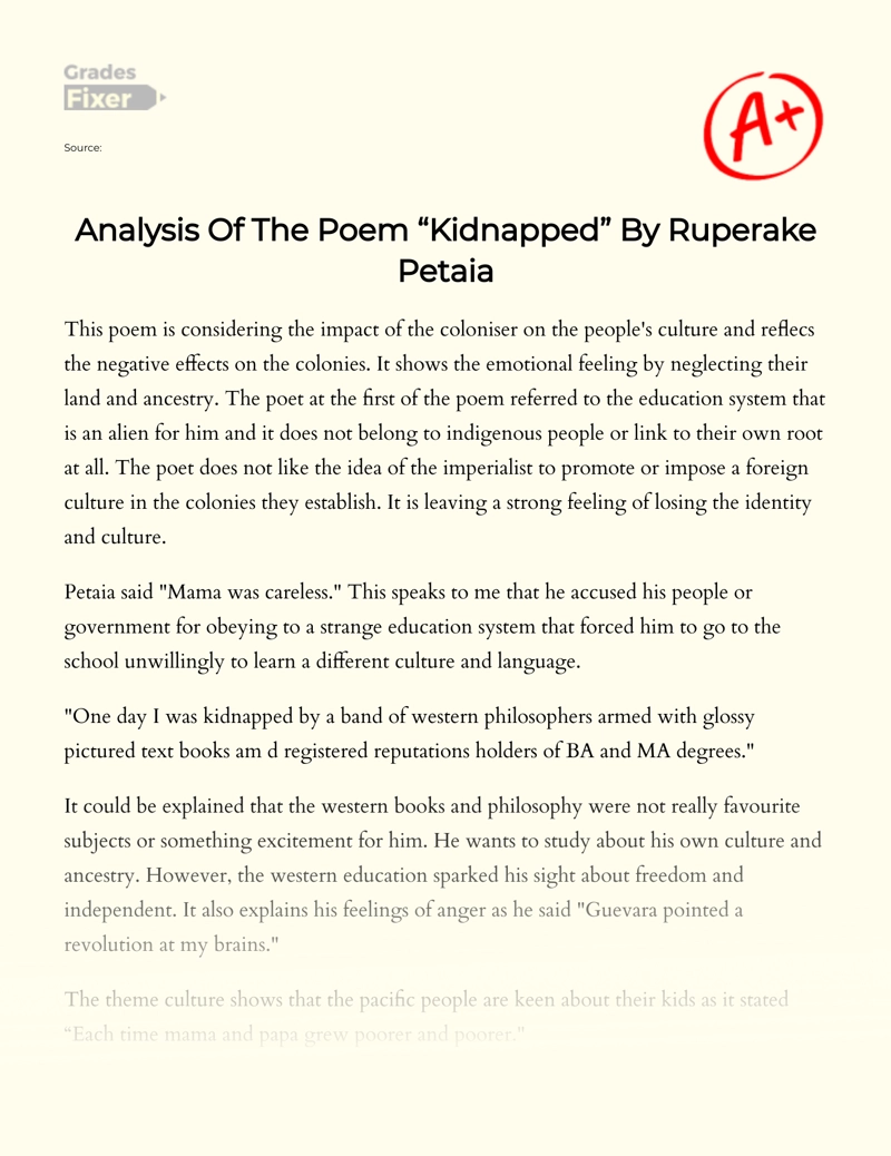 Analysis of The Poem "Kidnapped" by Ruperake Petaia Essay