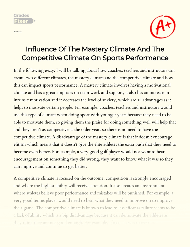 Influence of The Mastery Climate and The Competitive Climate on Sports Performance essay