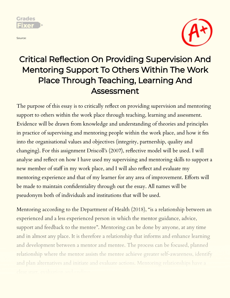Providing Supervision and Mentoring Support to Others Within The Workplace Through Teaching, Learning and Assessment Essay