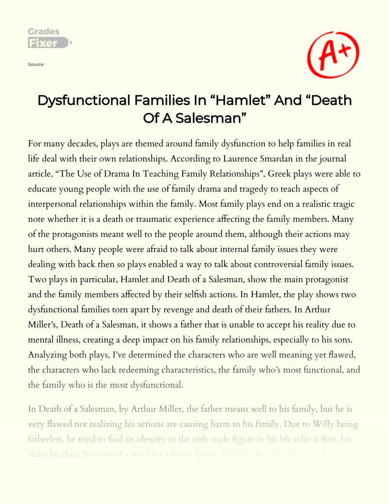 Dysfunctional Families in "Hamlet" and "Death of a Salesman" essay