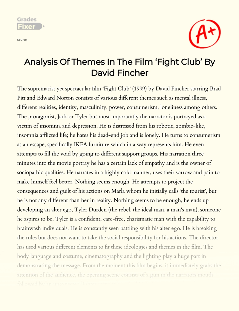 Analysis of Themes in The Film ‘fight Club’ by David Fincher Essay
