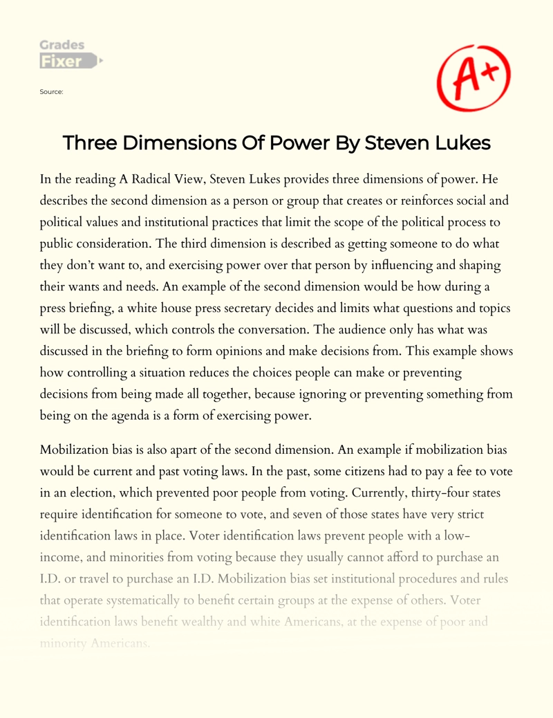 Three Dimensions of Power by Steven Lukes essay