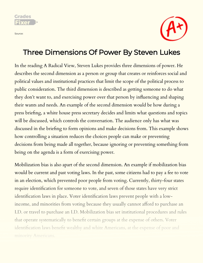 Three Dimensions Of Power By Steven Lukes Essay Example 427 Words