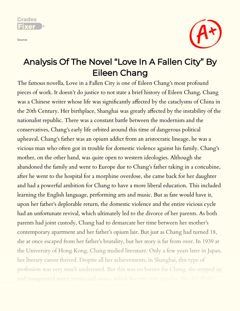 Eileen Chang's Novel "Love in a Fallen City": Summary and Analysis  essay