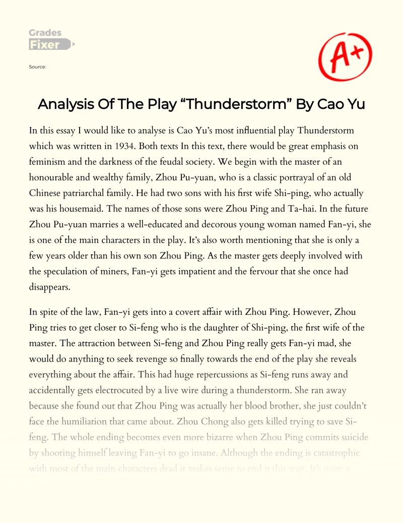 Analysis of The Play "Thunderstorm" by Cao Yu essay