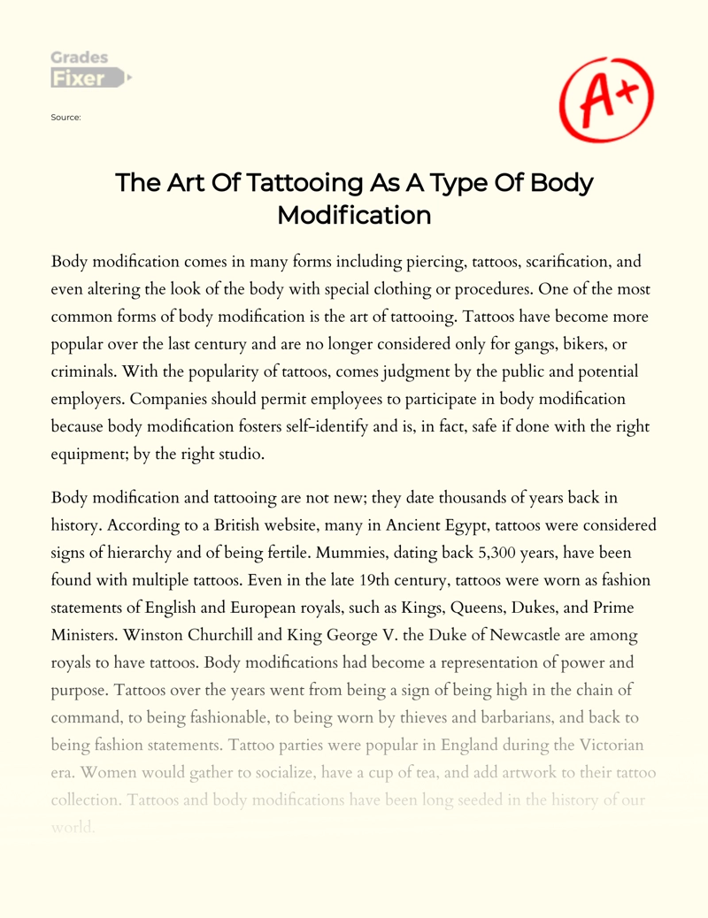 The Art of Tattooing as a Type of Body Modification Essay