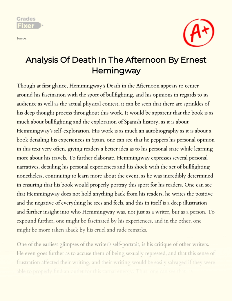 Analysis of Death in The Afternoon by Ernest Hemingway essay