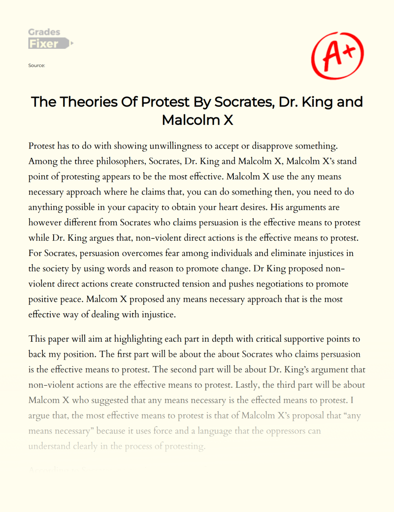 The Theories of Protest by Socrates, Dr. King and Malcolm X  Essay